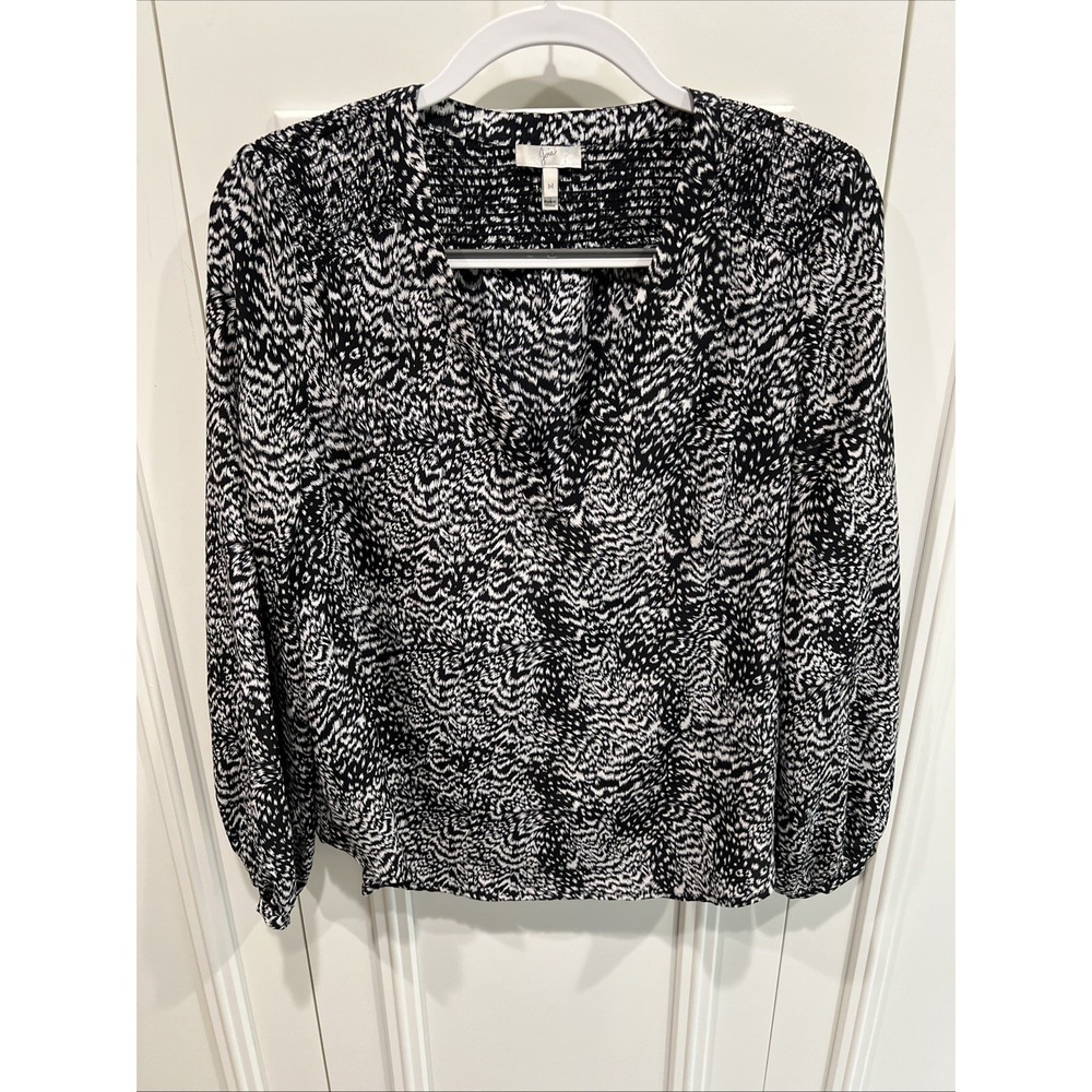 Joie Padma Black & White Brushstroke Animal Print Silk Popover Blouse Career